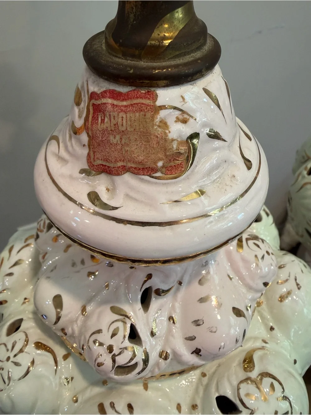 Vintage Capadimante Cherub Pink /Cream Porcelain Table Lamp Pair with koi feet